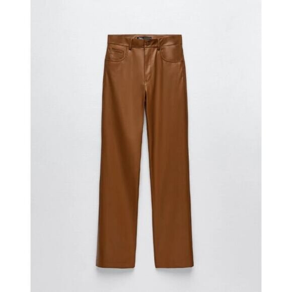 NWT ZARA Faux Leather Straight Leg Full Length Pants Size XS Caramel - Picture 2 of 8